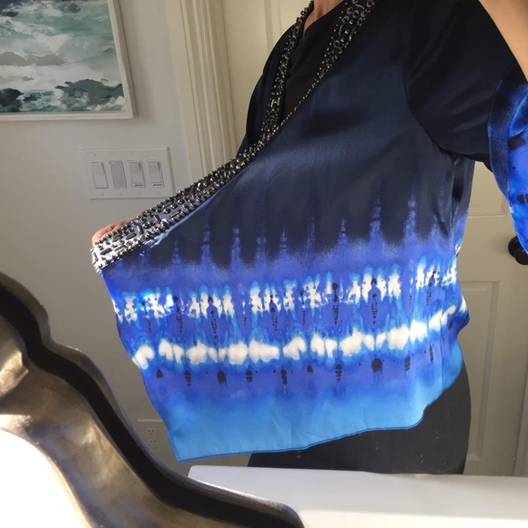 Blue Tie Dye Beaded Silk Kimono Cardigan - Picture 6 of 8